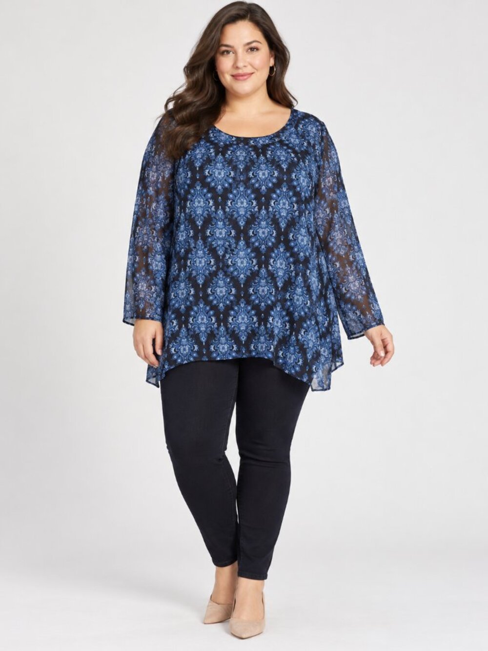 Terra & Sky Women's 4X Blue Black Damask Print Mesh Long Sleeve Tunic Top